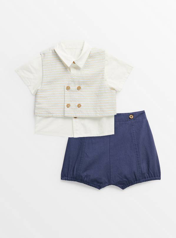 Ecru Waistcoat & Navy Shorts Set Up to 3 mths